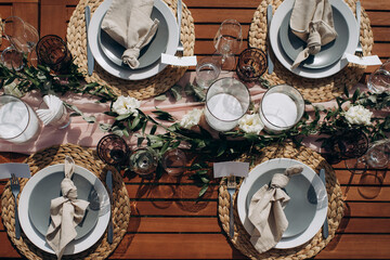 serving a rectangular wedding festive table at a banquet top view