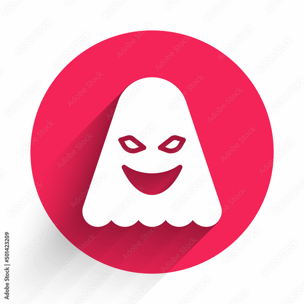 Poster white ghost icon isolated with long shadow. red circle button. vector