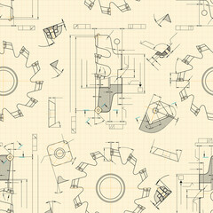 Mechanical engineering drawings on light background. Cutting tools, milling cutter. Technical Design. Cover. Blueprint. Seamless pattern. Vector illustration.