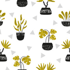 Seamless trendy pattern with cute tropical house plants in pots. Vector background.