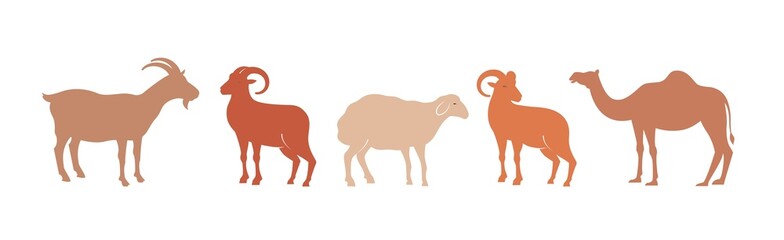 Eid Al Adha festival. Greeting card with sacrificial sheep and crescent on cloudy night background. Eid Mubarak theme. Vector illustration.