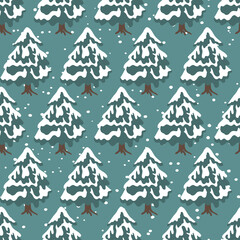 Winter seamless pattern with Christmas tree and snowflakes on color background. Vector illustration for fabric, textile wallpaper, posters, gift wrapping paper. Merry Christmas and New year Vector