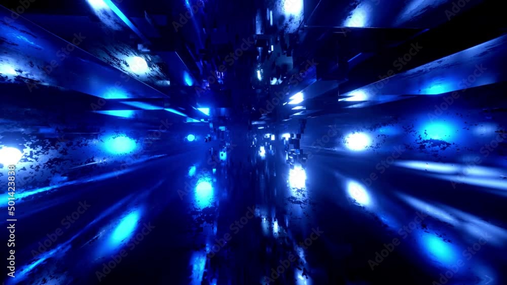 Poster flight through hi-tech technology tunnel with camera shake. neon light and mist, sci-fi construction