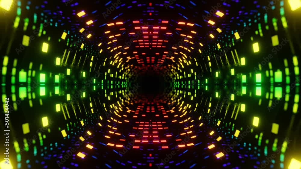 Poster 4k seamless looped animation. fly through mirror symmetrical tunnel with neon pattern, sci fi glow p