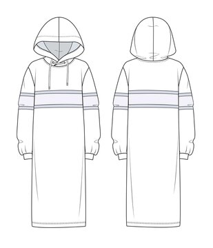 Hoodie Dress fashion flat sketch template with long sleeves, rib cuff oversized body, knee length skirt. Girl's Hooded Dress flat apparel front, back, white, grey color style. Women CAD mockup.
