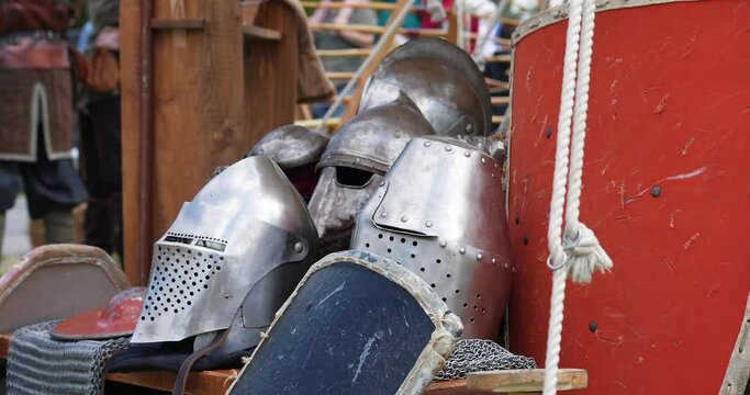 medieval protective military equipment helmets and shields