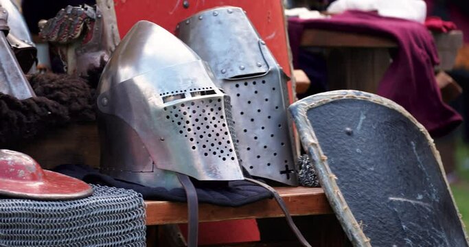 medieval war equipment protective helmets