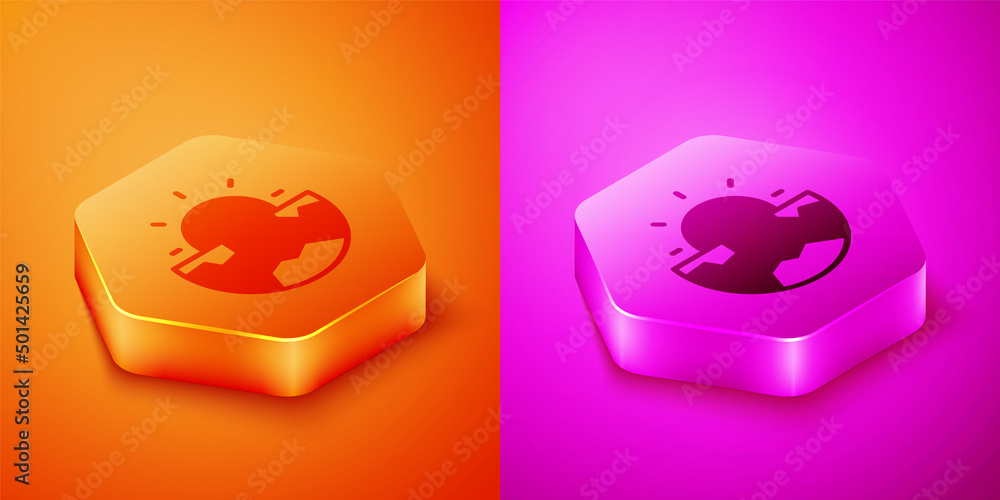 Poster isometric earth core structure crust icon isolated on orange and pink background. hexagon button. ve