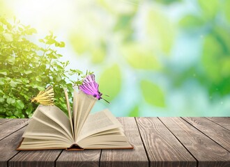 Open book with butterfly on wooden desk with natural background.