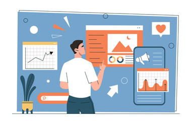 Content manager at work concept. Young male freelancer developing promotion strategy in social networks. Advertising and marketing. SMM specialist. Design of posts. Cartoon flat vector illustration