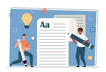 Copywriter or author of articles concept. Young male journalists or editors write text for social networks, newspapers or magazines. Content managers. Cartoon contemporary flat vector illustration