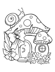 Fantasy forest house coloring page for children. Outline cartoon mushroom illustration for coloring book.