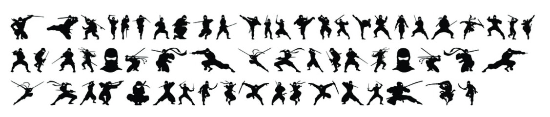 Collection of ninja silhouette vectors on a white background - obrazy, fototapety, plakaty