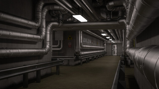 Dark industrial interior corridor with metal piping along the walls. 3D rendering.