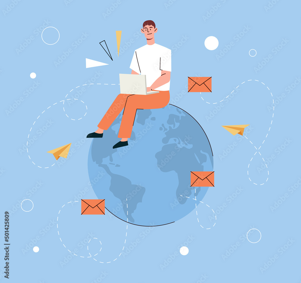 Poster global network concept. smiling man with laptop sitting on planet earth and sending emails or letter