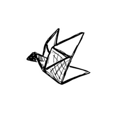 Hand drawn crane origami sketch style, vector illustration isolated on white background. Monochrome black lines, design element, doodle. Origami bird, contour