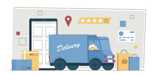 Order delivery service concept. Young male courier on truck leaves smartphone and delivers purchases and products to specified location of client. Remote shopping. Cartoon flat vector illustration - obrazy, fototapety, plakaty