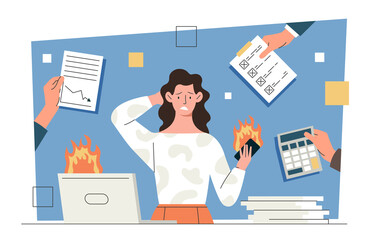 Deadline and Time Lack Concept. Overloaded business woman sitting at her workplace and holding her head. Busy employee with stack of work or documents. Burning laptop. Cartoon flat vector illustration