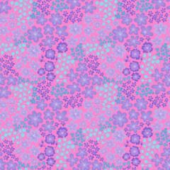 A simple bright pattern of flowers and leaves in pink, lilac, blue tones. Modern vector floral texture. Summer meadow in neon colors. Seamless pattern for fashionable prints