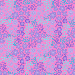 A simple bright pattern of flowers and leaves in pink, lilac, blue tones. Modern vector floral texture. Summer meadow in neon colors. Seamless pattern for fashionable prints