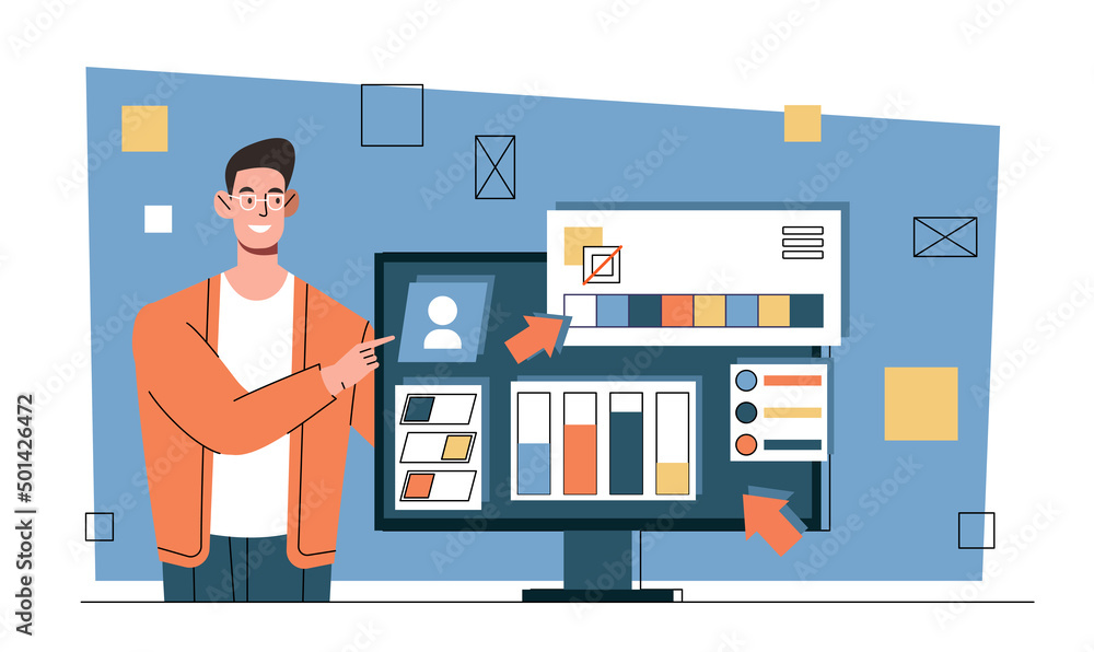 Poster ux ui designer work at website interface concept. young man develops modern template for website or 