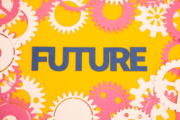 Paper inscription on the background of paper gears