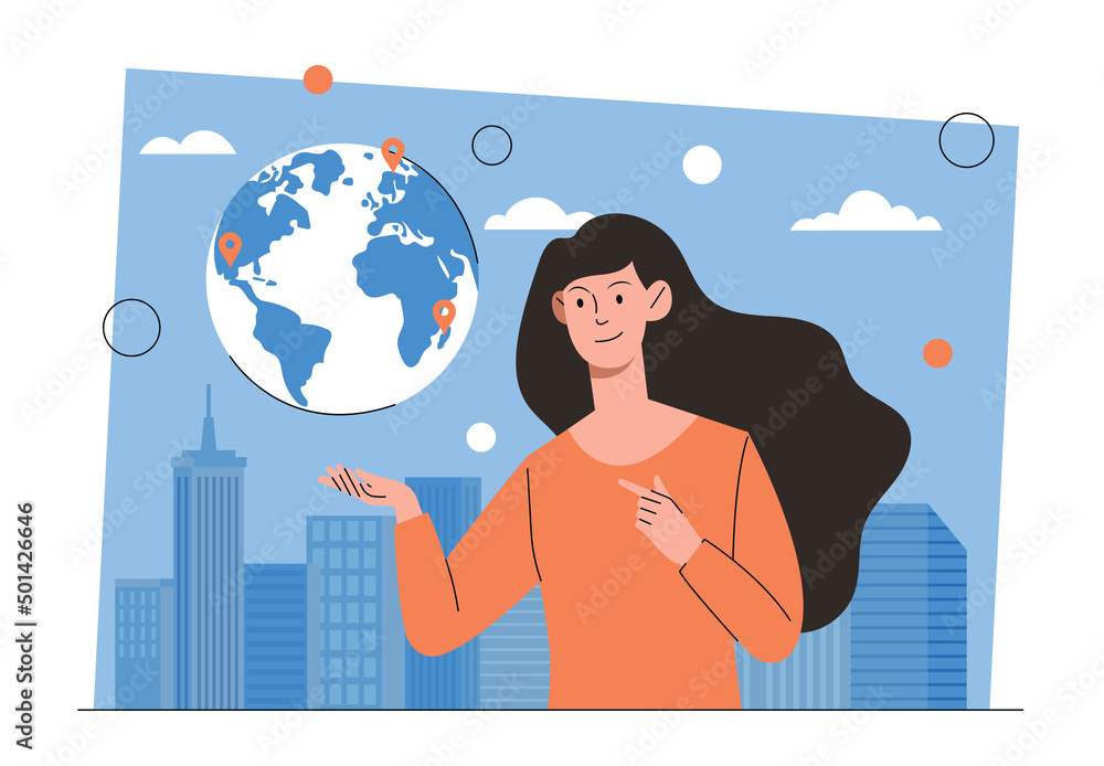 Poster global network connection concept. young smiling woman points her finger at globe or map of planet. 