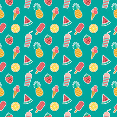 Colorful summer seamless pattern with tropical fruits, ice cream, Toucan, Flamingo, and summer icons Memphis style. Summer seamless vector illustration.