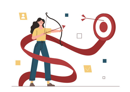 Personal development and achievement of goals. Girl with bow and arrows shoots exactly at target. Motivated and ambitious entrepreneur strives for success in business. Cartoon flat vector illustration