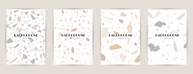 Modern abstract design templates with terrazzo texture. Realistic marble texture. Greeting cards, posters, banners for online and offline stores. Creative magazine covers, wedding invitations, flyers