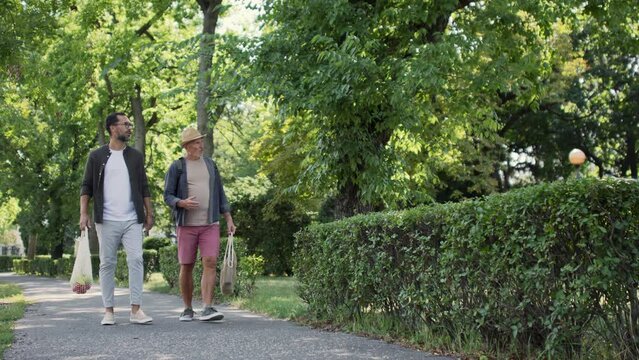 Senior man with his mature son carrying shopping bags and walking outdoors in park.