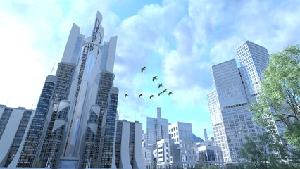 Fototapeta na wymiar モダンな高層ビルと渡り鳥