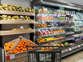 buying vegetables and fruits  at the market.empty grocery cart in an empty supermarket