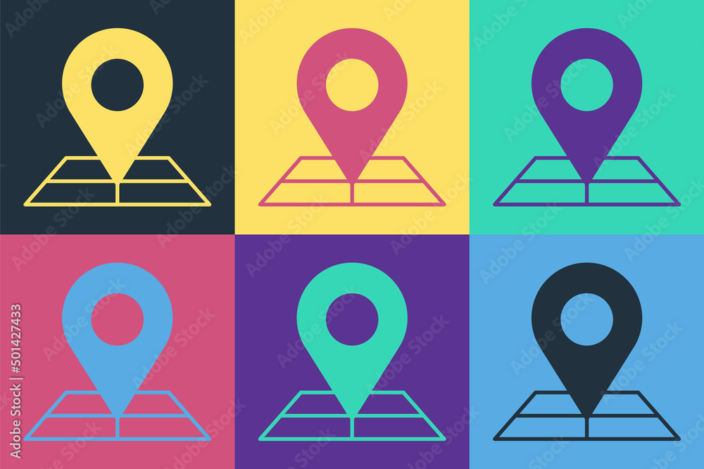 Poster pop art folded map with location marker icon isolated on color background. vector