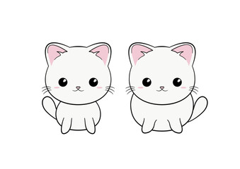 Dwa białe kotki z dużymi głowami. Szczupły i gruby. Siedzące słodkie koty. Ilustracja wektorowa.