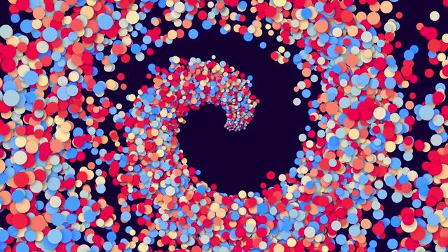 Spiral structure. Multicolored round particles fly from emitter on plane, particles form a beautiful background. Luma matte as alpha channel. Simple creative background. Red blue colors.