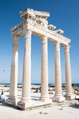 The Temple of Apollo on the blue sky in Side, Antalya Province, Turkey.