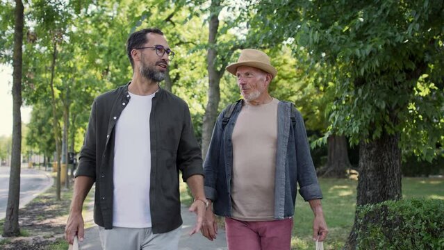 Senior man with his mature son carrying shopping bags, walking and talking outdoors in park.