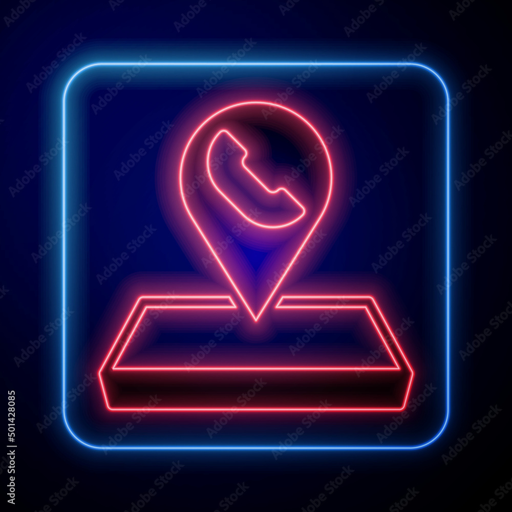 Poster glowing neon map pointer with telephone or communication icon isolated on black background. call cen
