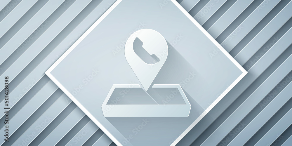 Poster paper cut map pointer with telephone or communication icon isolated on grey background. call center 
