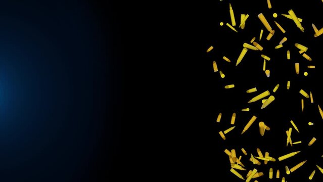 4K Animation loop background with lots of flying and rotating bulett patron on green screen. Pistol shooting. Military, police or hunting ammo. War, shot, crime. Security and violence
