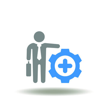 Vector illustration of businessman hand pointing gear with plus. Icon of employee benefits. Symbol of worker perks compensation.