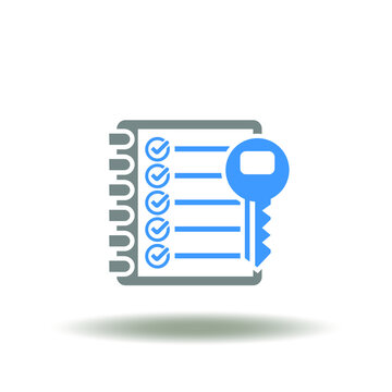 Vector illustration of checklist with key. Icon of security, access, privacy, checkup. Symbol of PCIDSS Payment Card Industry Data Security Standard.