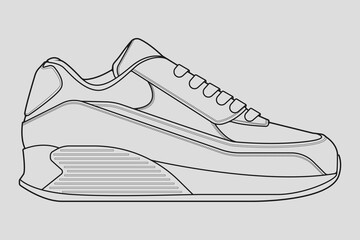 Shoes sneaker outline drawing vector, Sneakers drawn in a sketch style, black line sneaker trainers template outline, vector Illustration.
