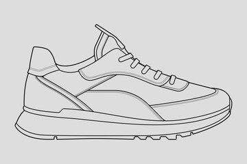 Shoes sneaker outline drawing vector, Sneakers drawn in a sketch style, black line sneaker trainers template outline, vector Illustration.
