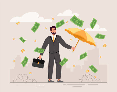 Rich entrepreneur concept. Smiling businessman with umbrella and briefcase walks under rain of money and rejoices at increase company profits. Successful investor. Cartoon flat vector illustration
