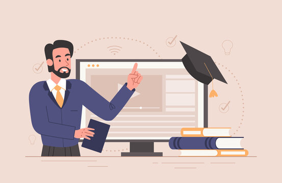 Online lecture concept. Male university professor stands next to computer monitor and conducts webinar. Bachelor or master degree diploma. Online platform. Cartoon modern flat vector illustration