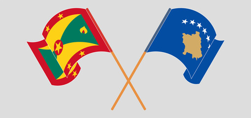 Crossed and waving flags of Grenada and Kosovo
