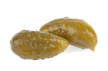 Marinated cucumber isolated on a white background. Gherkin. Salted cornichon.