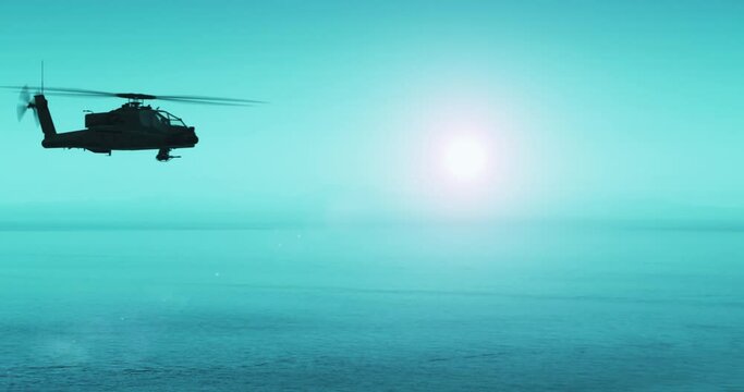 Military Helicopter Flying Over The Ocean. Ready For Attack. War And Air Force Related 4K Motion.
